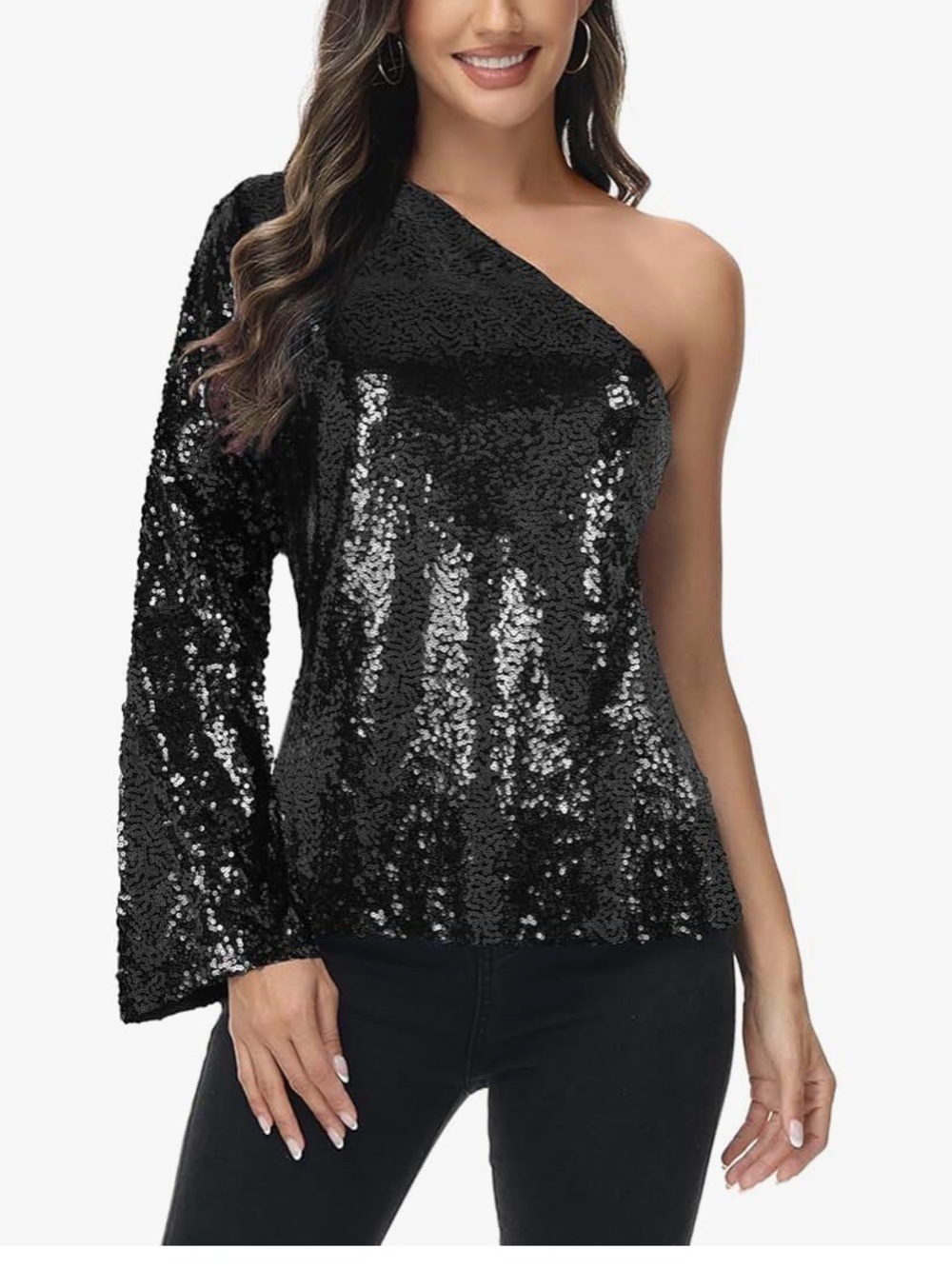 One-Shoulder Black Sequin Party Blouse